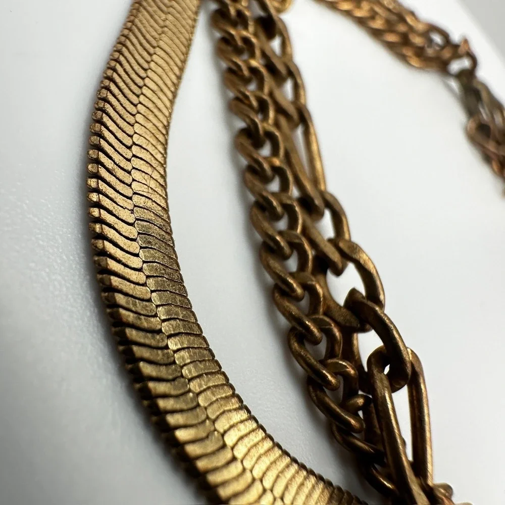 Bracelet Vintage Gold Tone Multi Strand Herringbone Snake Curb Figaro Chain